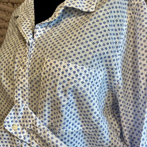 Gap Classic White Long Sleeve Patterned with Blue Circles Collared Top Size L - Picture 3 of 12